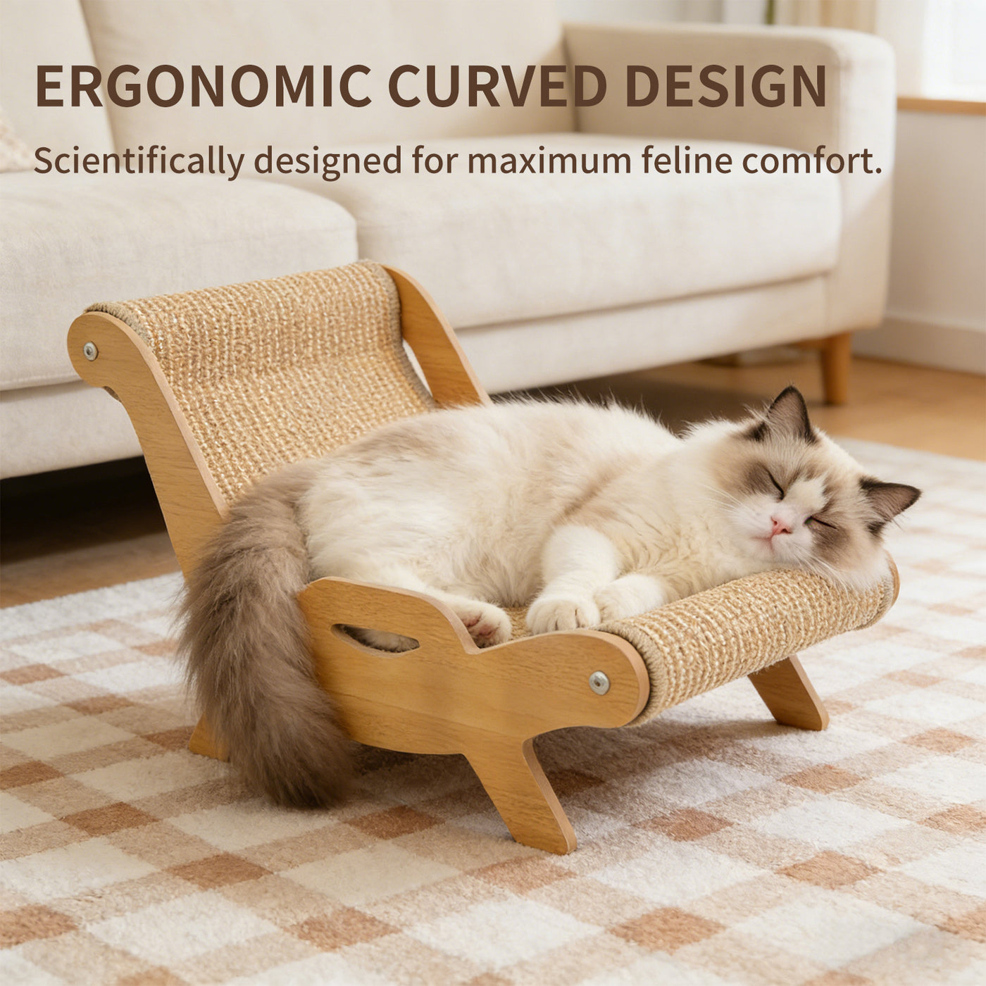 Ergonomic Wooden Cat Lounger & Heavy-Duty Sisal Scratcher Bed